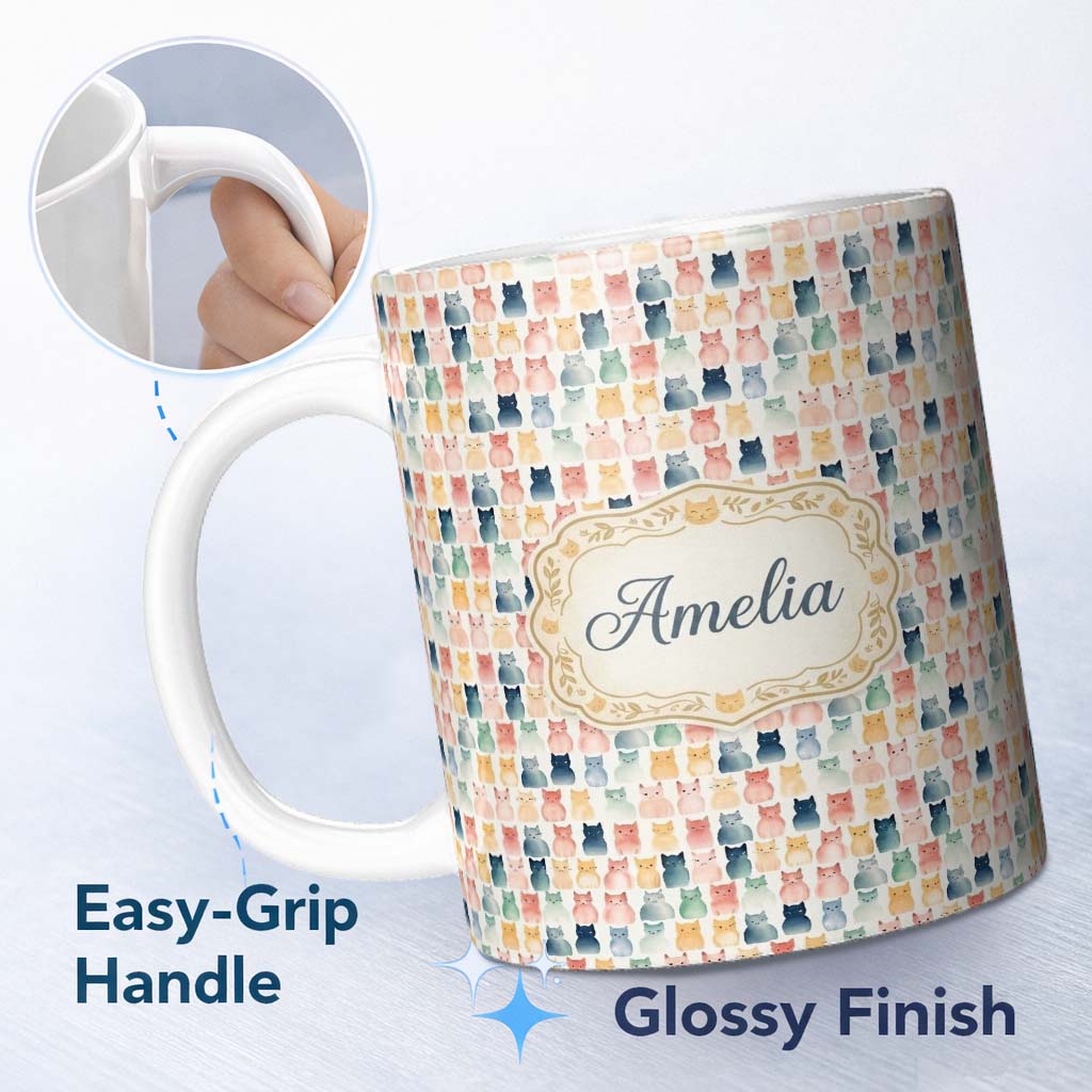 Personalized Custom Name Pastel Watercolor Cute Cats Repeating Pattern Soft Neutral 11oz Ceramic Coffee Tea Mug White Large Handle