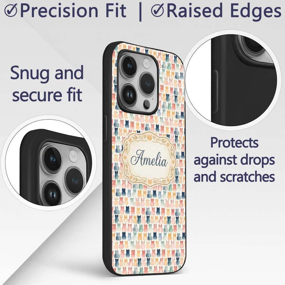 Pastel Watercolor Cute Cats Repeating Pattern Custom Name Protective Phone Case Mobile Cover Durable Everyday Smartphone Shock Resistant