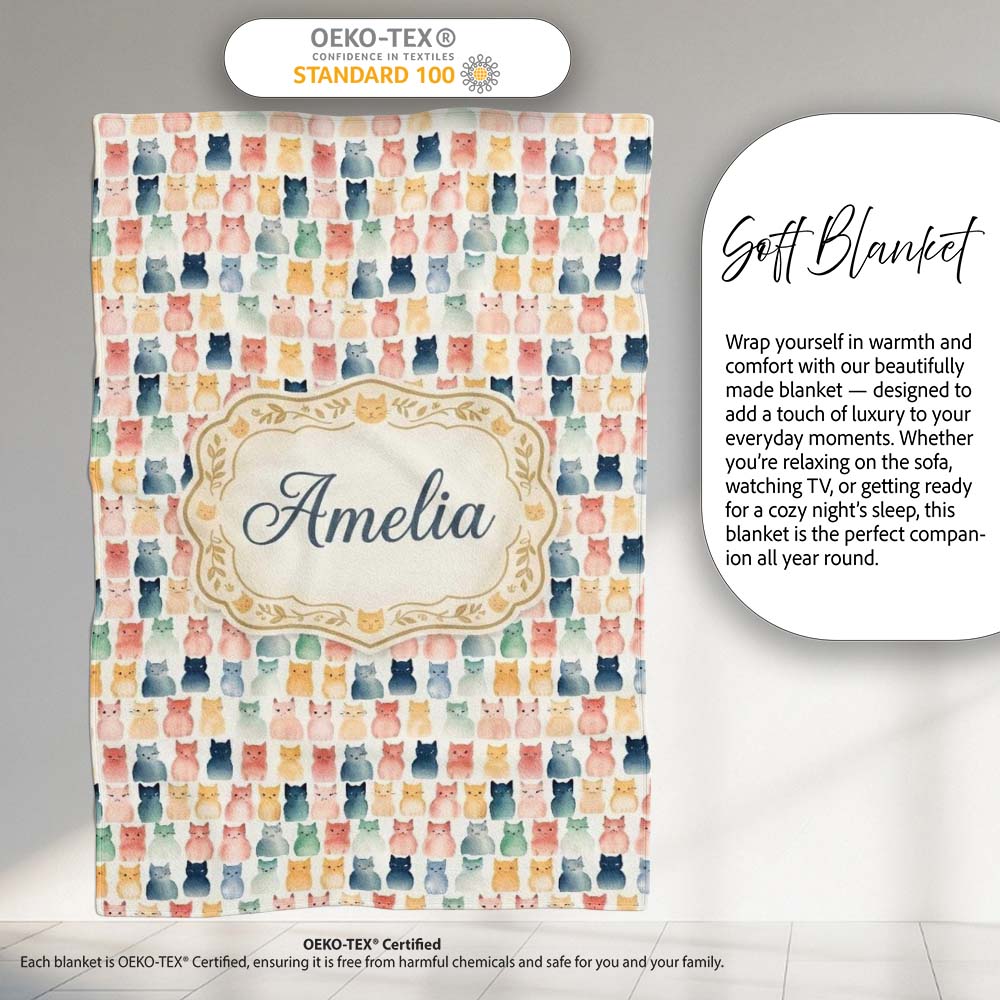 Pastel Watercolor Cute Cats Repeating Pattern Soft Neutral Personalised Custom Name Super Soft Fleece Blanket Bed Sofa Throw
