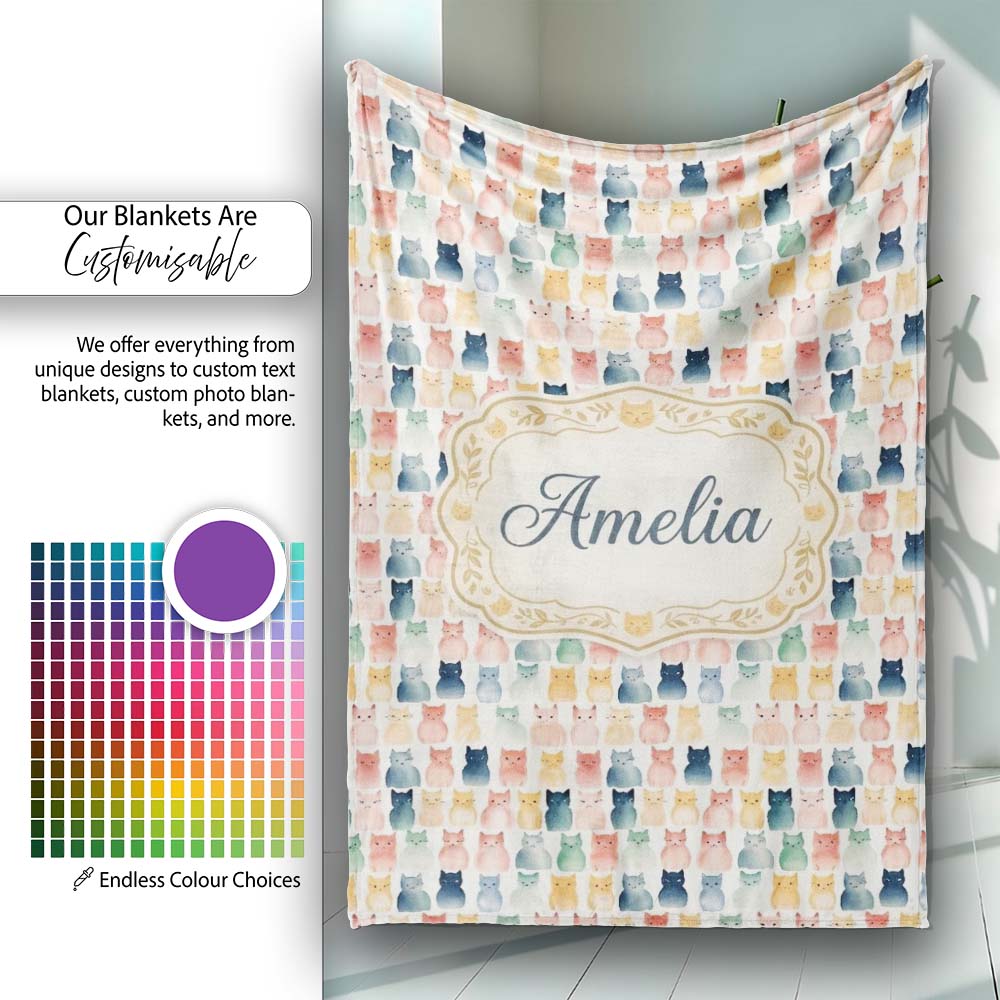 Pastel Watercolor Cute Cats Repeating Pattern Soft Neutral Personalised Custom Name Super Soft Fleece Blanket Bed Sofa Throw