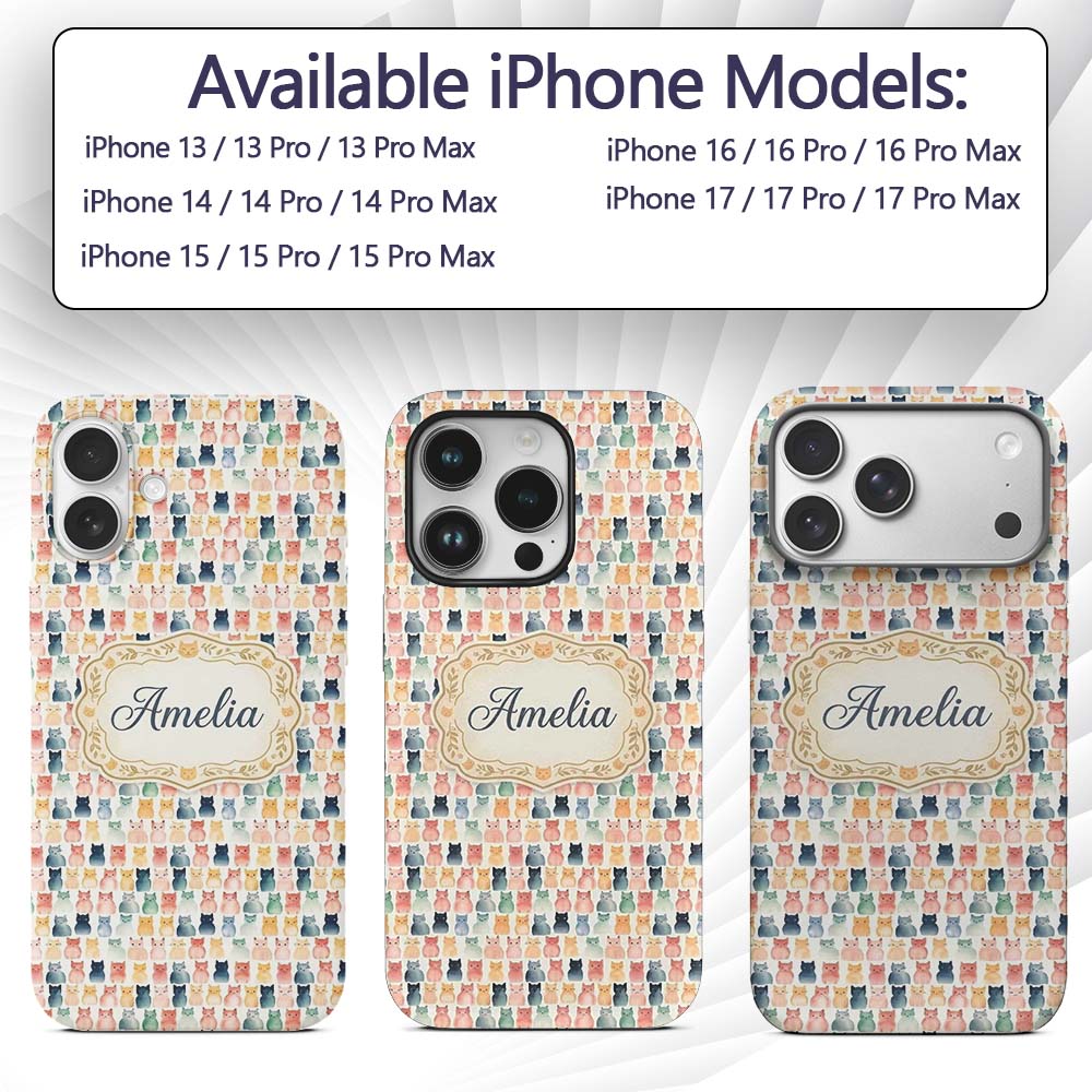Pastel Watercolor Cute Cats Repeating Pattern Custom Name Protective Phone Case Mobile Cover Durable Everyday Smartphone Shock Resistant