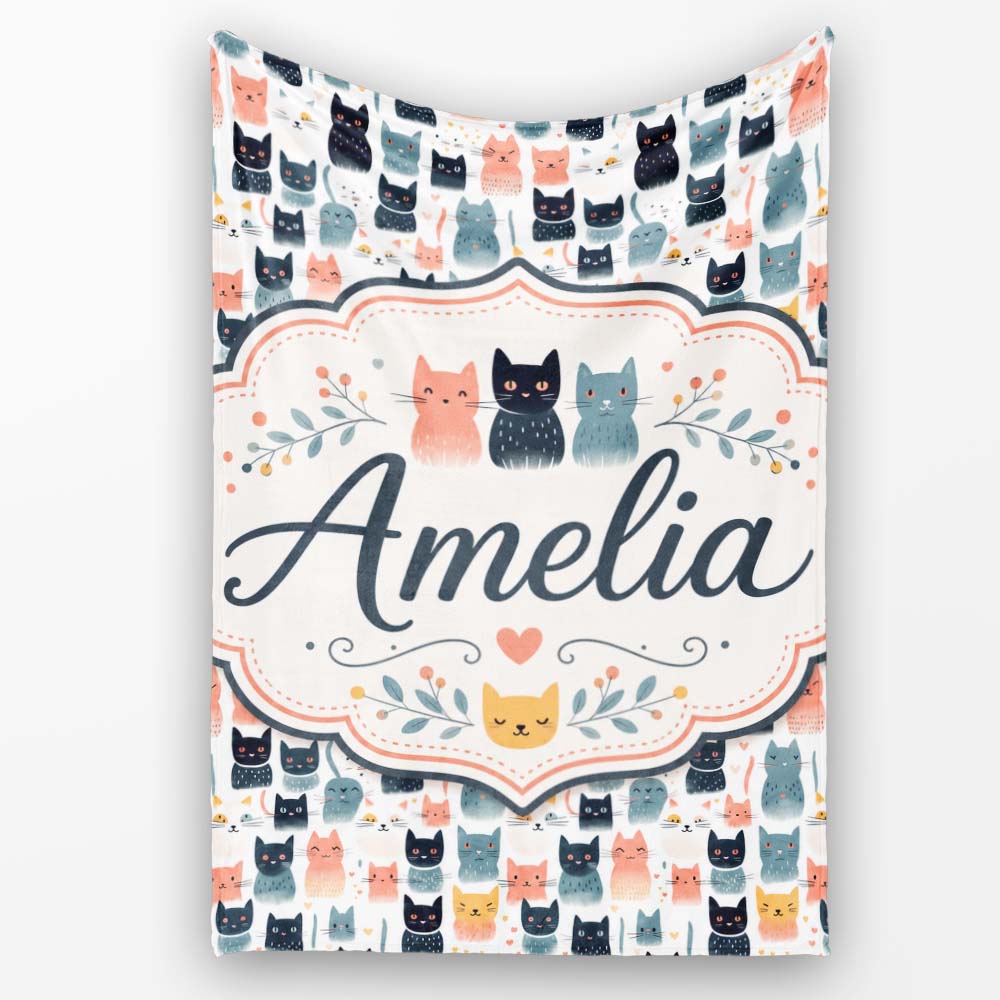 Playful Cartoon Cats with Hearts and Doodles Seamless Pattern Name Personalised Custom Name Super Soft Fleece Blanket Bed Sofa Throw