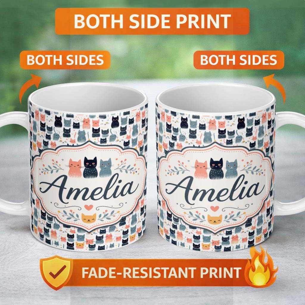 Personalized Custom Name Playful Cartoon Cats with Hearts and Doodles Seamless Pattern Name 11oz Ceramic Coffee Tea Mug White Large Handle