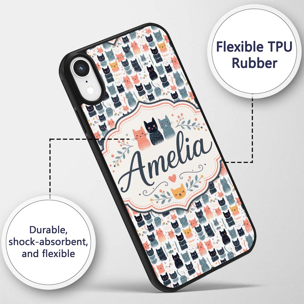 Playful Cartoon Cats with Hearts and Doodles Custom Name Protective Phone Case Mobile Cover Durable Everyday Smartphone Shock Resistant