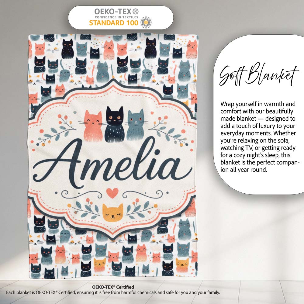 Playful Cartoon Cats with Hearts and Doodles Seamless Pattern Name Personalised Custom Name Super Soft Fleece Blanket Bed Sofa Throw