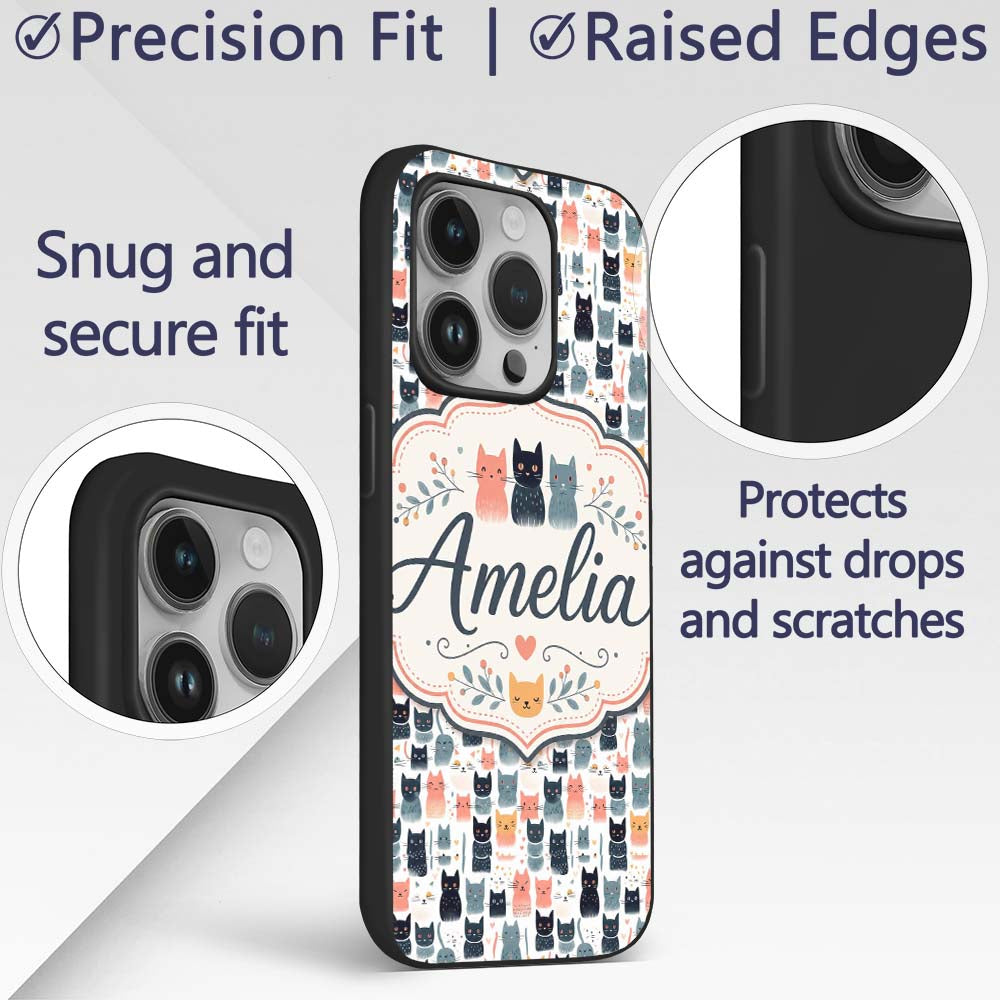 Playful Cartoon Cats with Hearts and Doodles Custom Name Protective Phone Case Mobile Cover Durable Everyday Smartphone Shock Resistant