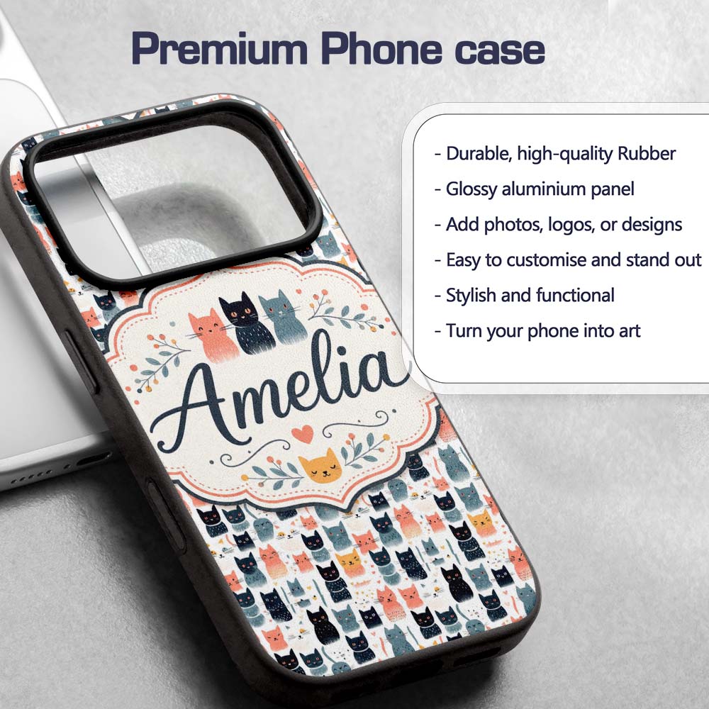 Playful Cartoon Cats with Hearts and Doodles Custom Name Protective Phone Case Mobile Cover Durable Everyday Smartphone Shock Resistant