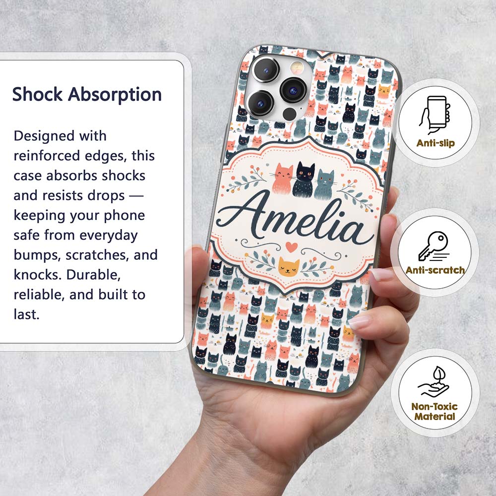 Playful Cartoon Cats with Hearts and Doodles Custom Name Protective Phone Case Mobile Cover Durable Everyday Smartphone Shock Resistant