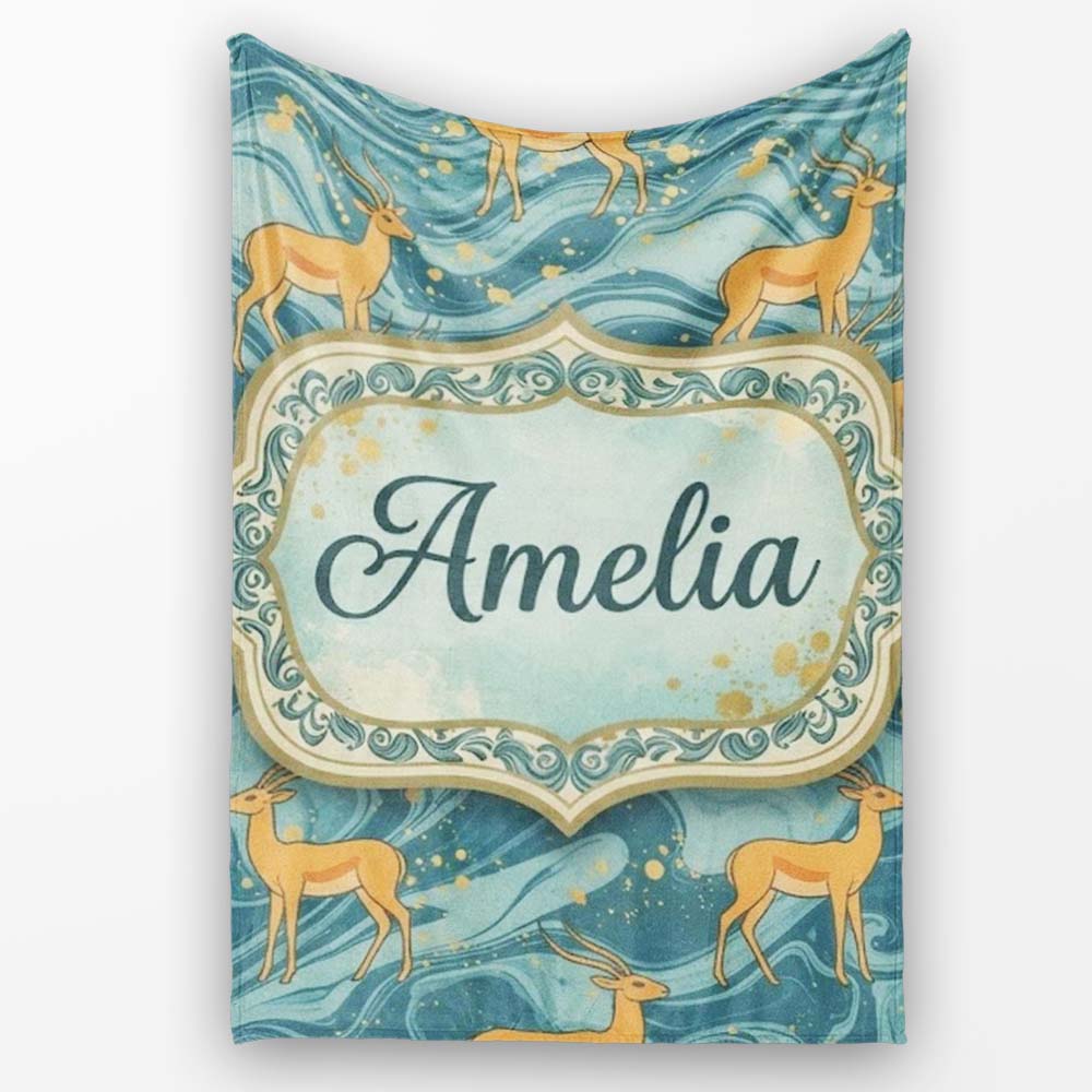 Artistic Golden Antelope on Teal Fluid Background Seamless Pattern Personalised Custom Name Super Soft Fleece Blanket Bed Sofa Throw