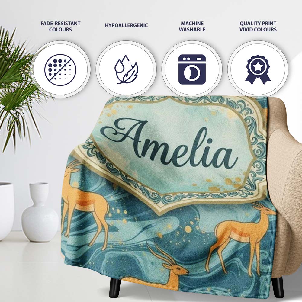 Artistic Golden Antelope on Teal Fluid Background Seamless Pattern Personalised Custom Name Super Soft Fleece Blanket Bed Sofa Throw