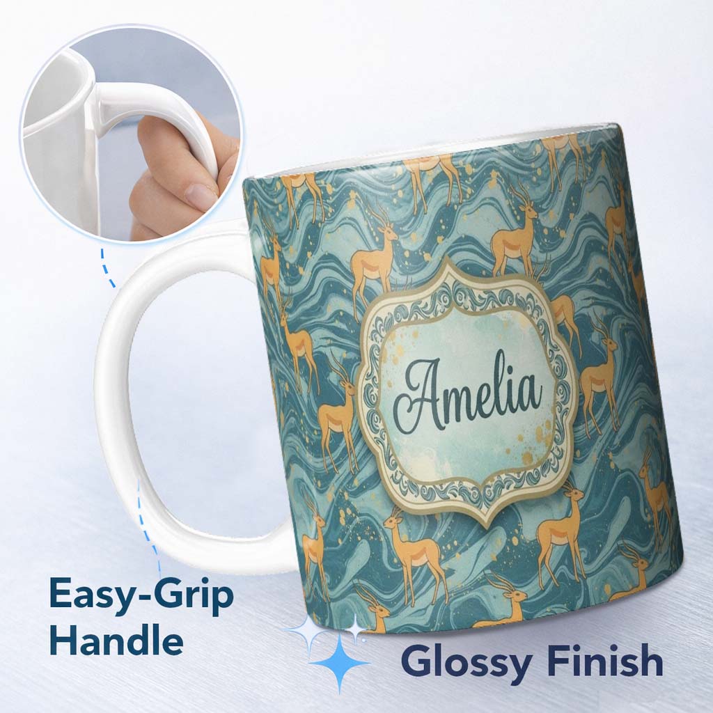 Personalized Custom Name Artistic Golden Antelope on Teal Fluid Background Seamless Pattern 11oz Ceramic Coffee Tea Mug White Large Handle
