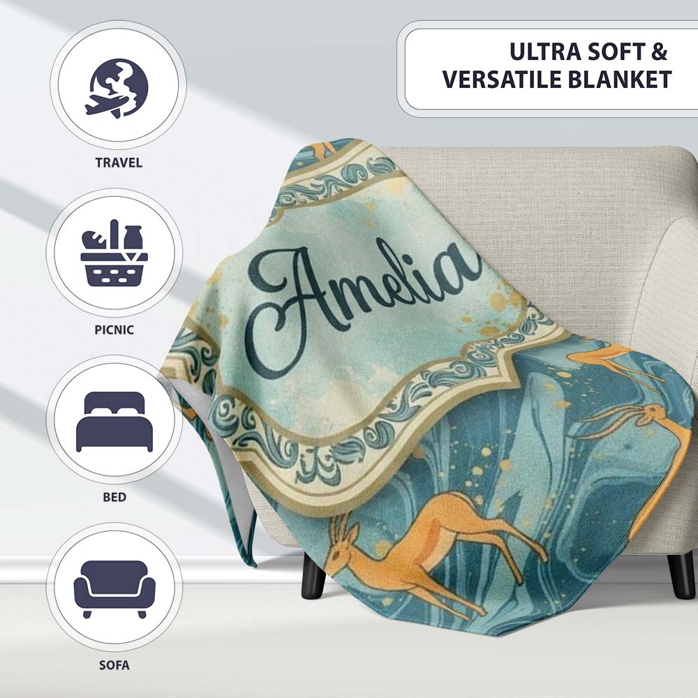 Artistic Golden Antelope on Teal Fluid Background Seamless Pattern Personalised Custom Name Super Soft Fleece Blanket Bed Sofa Throw