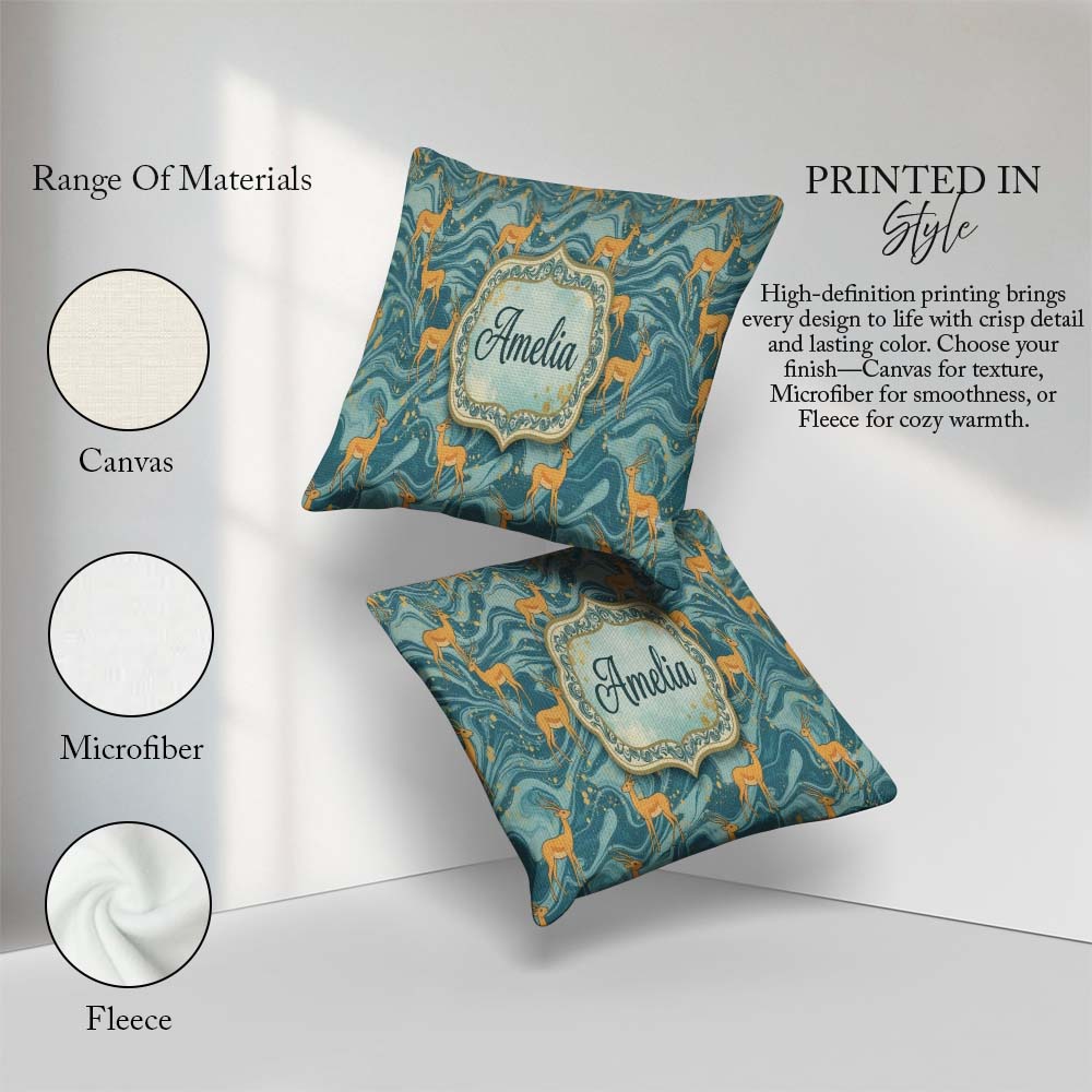 Custom Name Artistic Golden Antelope on Teal Background Seamless Square Filled Cushion Throw Pillow Sofa Bed Home Decor Zip Washable UK Made
