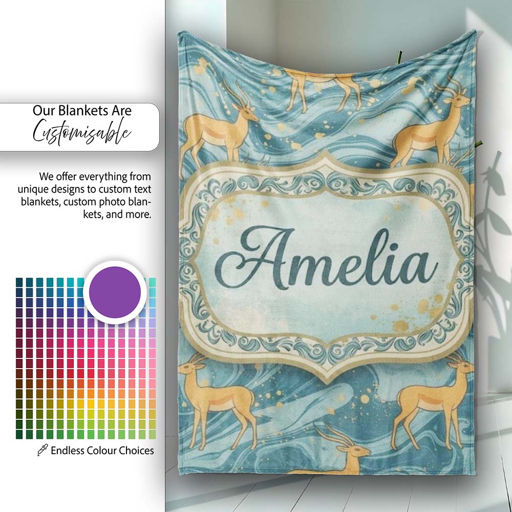 Artistic Golden Antelope on Teal Fluid Background Seamless Pattern Personalised Custom Name Super Soft Fleece Blanket Bed Sofa Throw