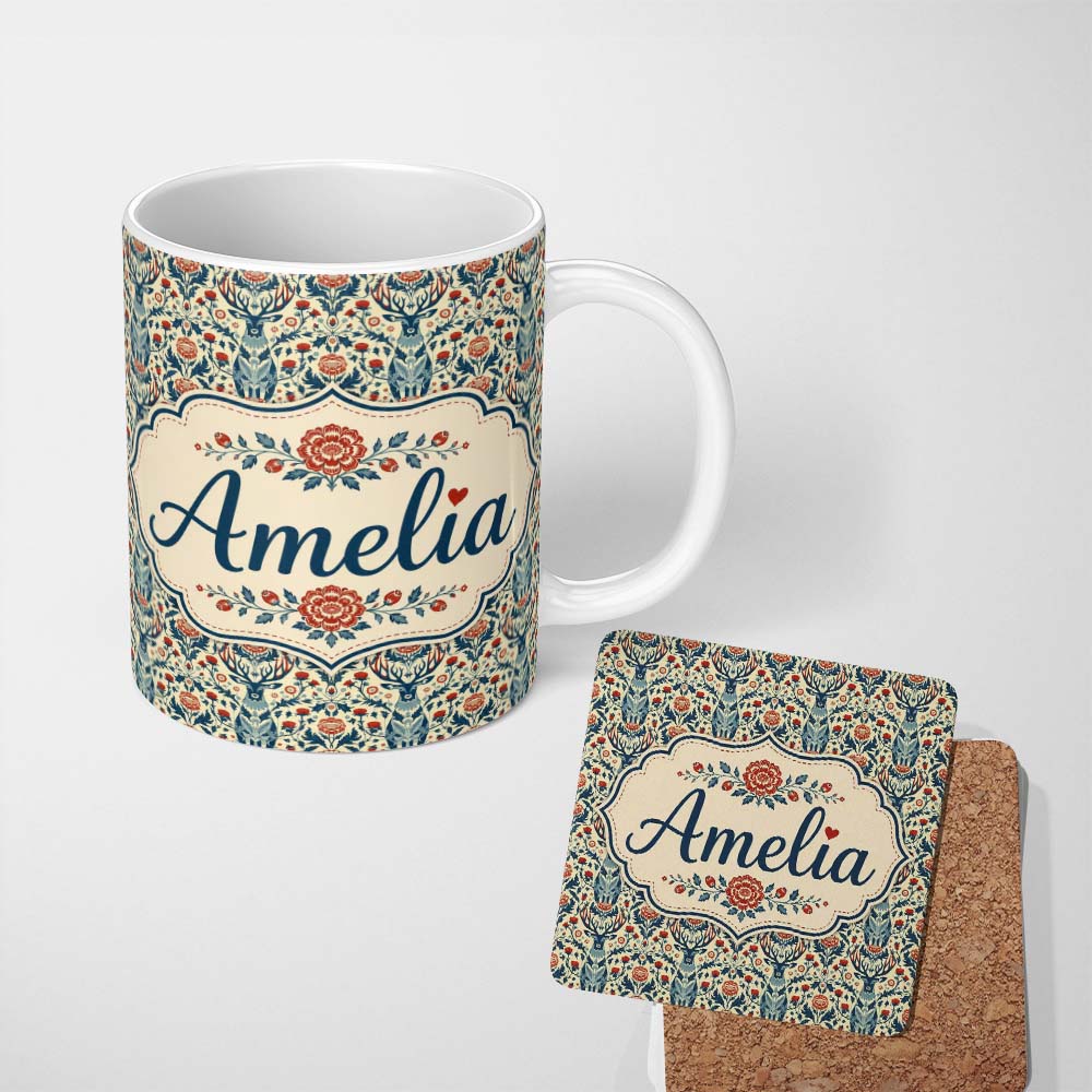 Personalized Custom Name Decorative Deer and Floral Folk Art Pattern Cream Background Name 11oz Ceramic Coffee Tea Mug White Large Handle