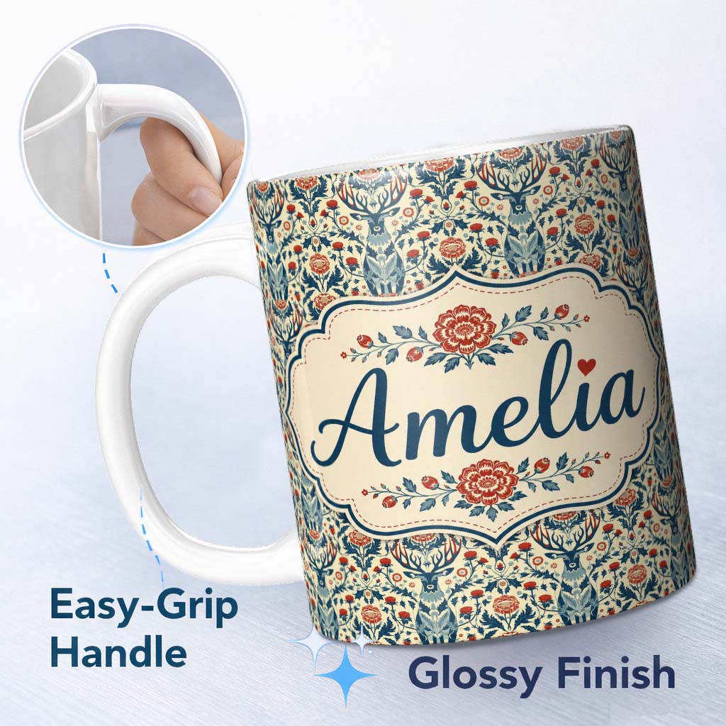 Personalized Custom Name Decorative Deer and Floral Folk Art Pattern Cream Background Name 11oz Ceramic Coffee Tea Mug White Large Handle
