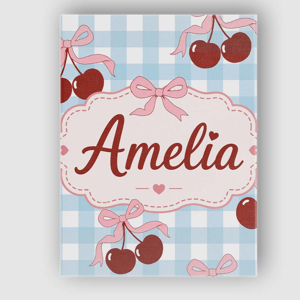 Personalised Name Cherry Bow Ribbon Cute Blue Gingham Picnic Check Custom Unique Canvas Wall Art Print Decor Picture Ready to Hang