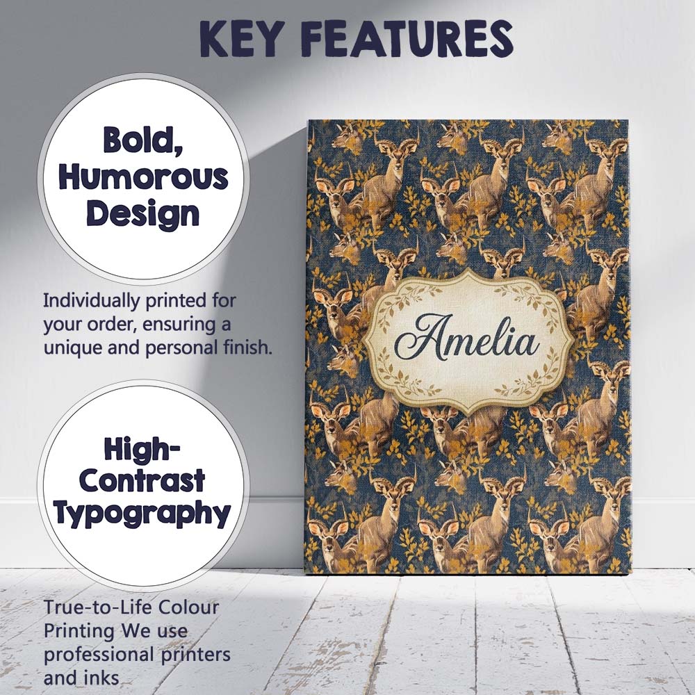 Personalised Name Majestic Kudu Antelope Custom Unique Gift Idea Elegant Feature Canvas Wall Art Print Decor Picture Ready to Hang