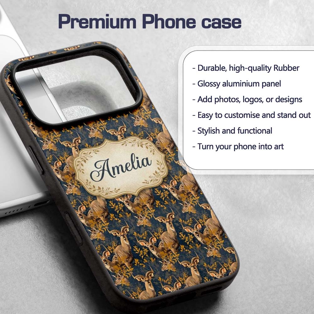 Majestic Kudu Antelope with Golden Leaves Dark Custom Name Protective Phone Case Mobile Cover Durable Everyday Smartphone Shock Resistant
