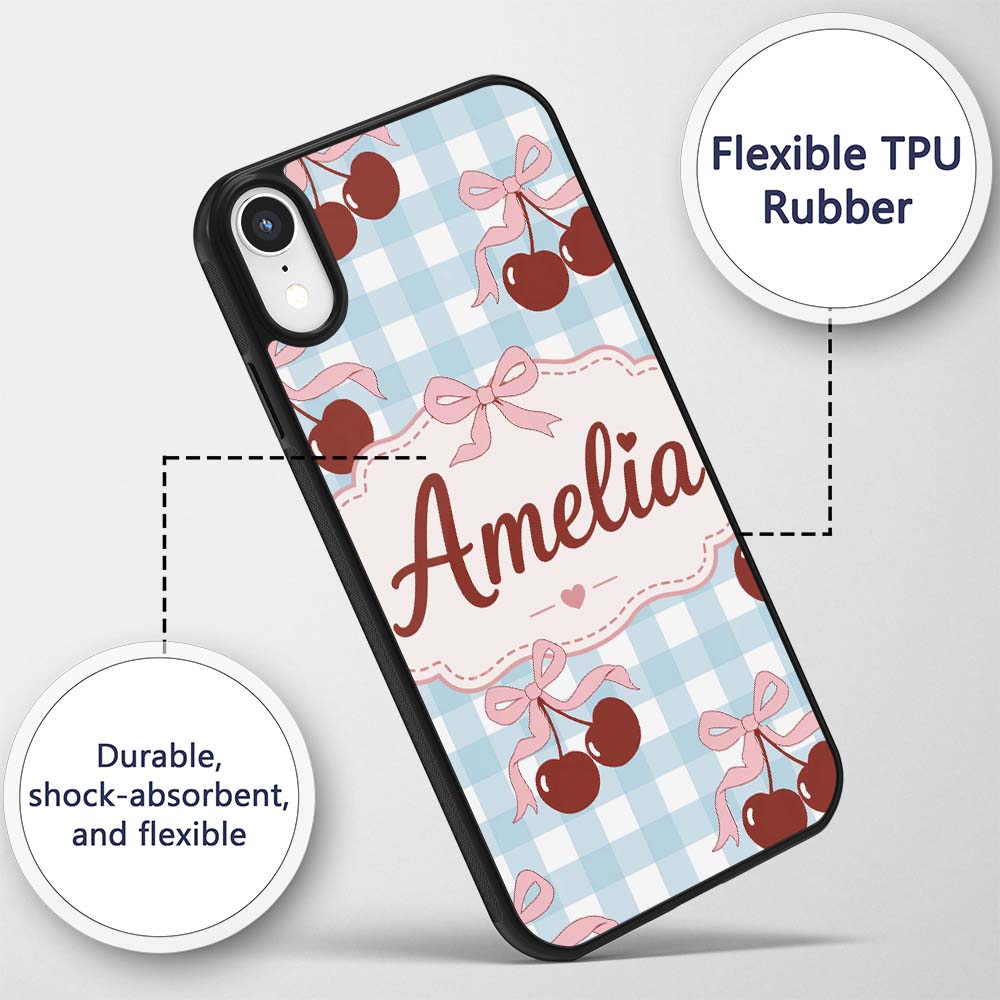 Cherry Bow Ribbon Cute Blue Gingham Picnic Check Custom Name Protective Phone Case Mobile Cover Durable Everyday Smartphone Shock Resistant
