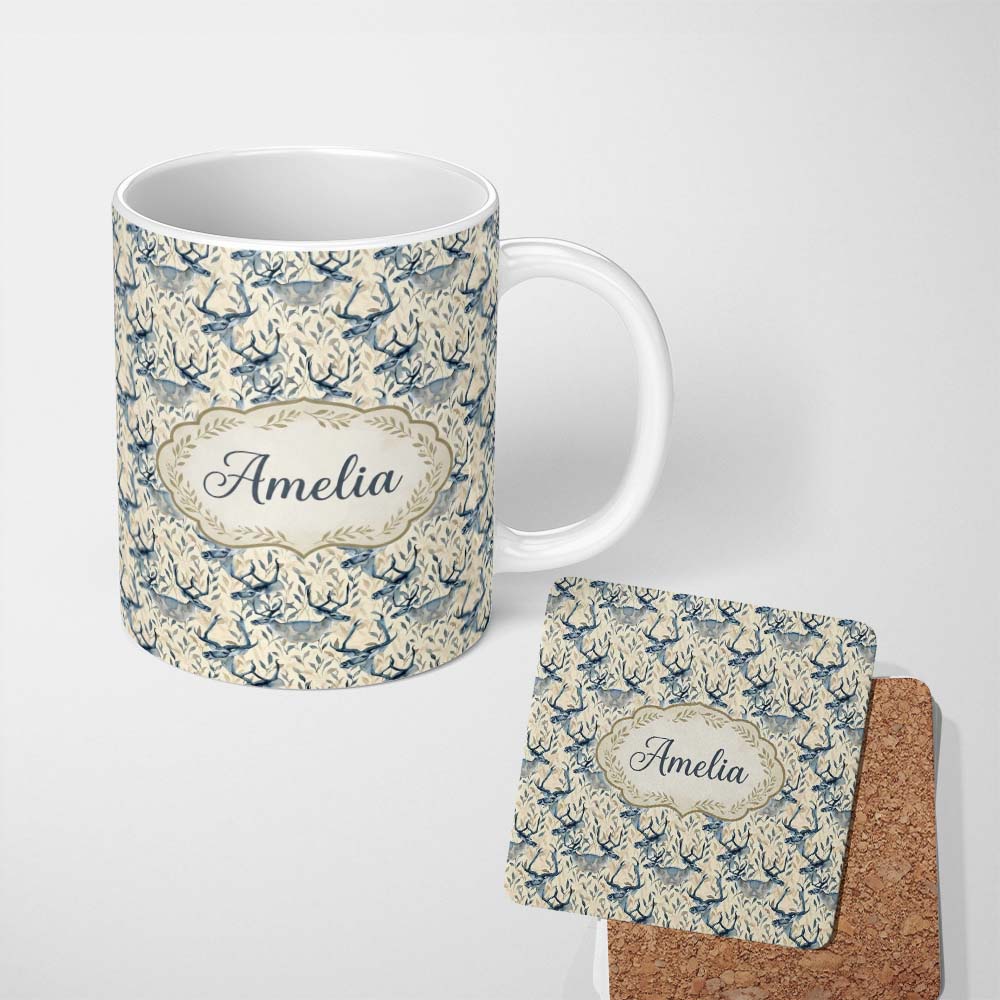 Personalized Custom Name Elegant Blue Deer with Botanical Leaves Soft Beige Background 11oz Ceramic Coffee Tea Mug White Large Handle