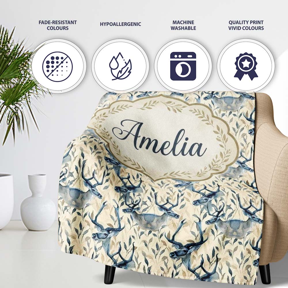 Elegant Blue Deer with Botanical Leaves Soft Beige Background Personalised Custom Name Super Soft Fleece Blanket Bed Sofa Throw