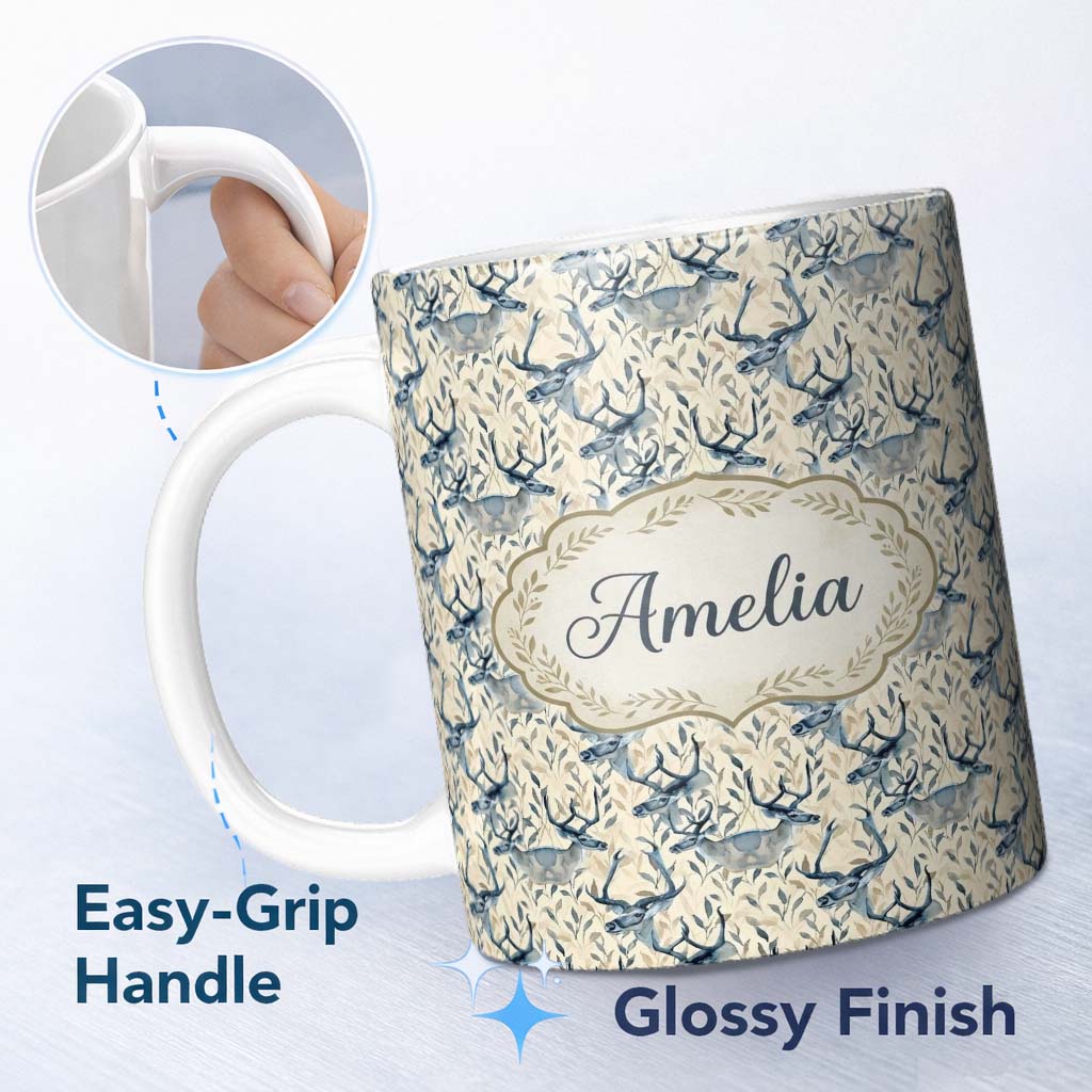 Personalized Custom Name Elegant Blue Deer with Botanical Leaves Soft Beige Background 11oz Ceramic Coffee Tea Mug White Large Handle