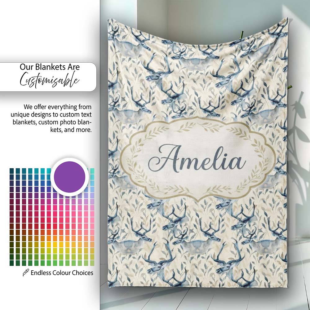 Elegant Blue Deer with Botanical Leaves Soft Beige Background Personalised Custom Name Super Soft Fleece Blanket Bed Sofa Throw
