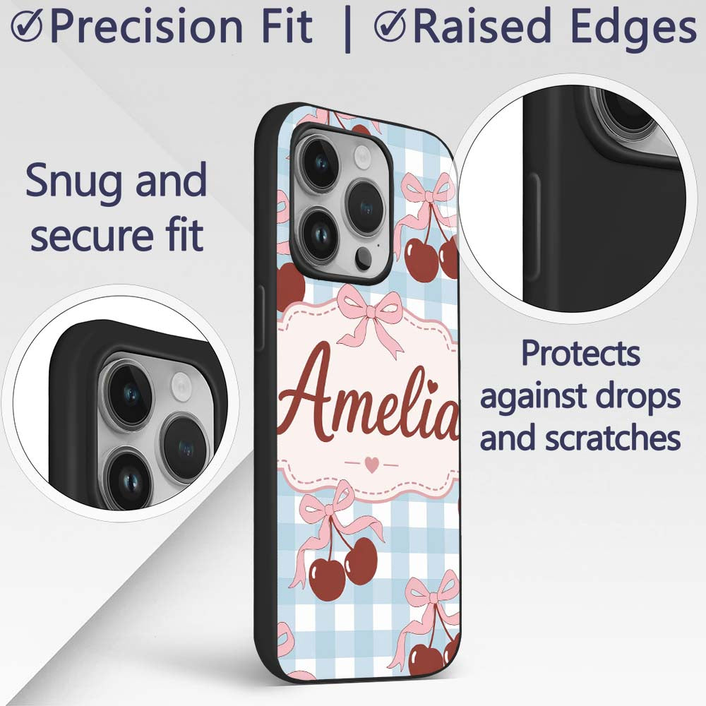 Cherry Bow Ribbon Cute Blue Gingham Picnic Check Custom Name Protective Phone Case Mobile Cover Durable Everyday Smartphone Shock Resistant