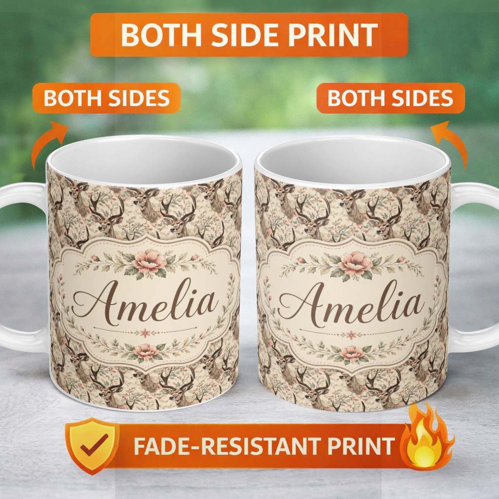 Personalized Custom Name Vintage Deer Illustration with Floral Branche Cream Background 11oz Ceramic Coffee Tea Mug White Large Handle