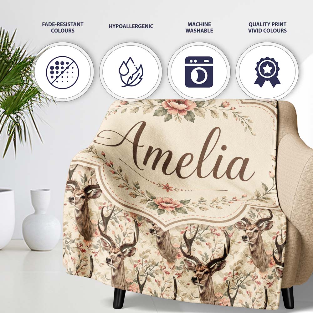 Vintage Deer Illustration with Floral Branche Cream Background Personalised Custom Name Super Soft Fleece Blanket Bed Sofa Throw