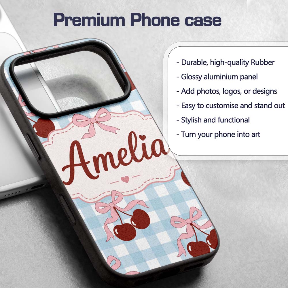 Cherry Bow Ribbon Cute Blue Gingham Picnic Check Custom Name Protective Phone Case Mobile Cover Durable Everyday Smartphone Shock Resistant