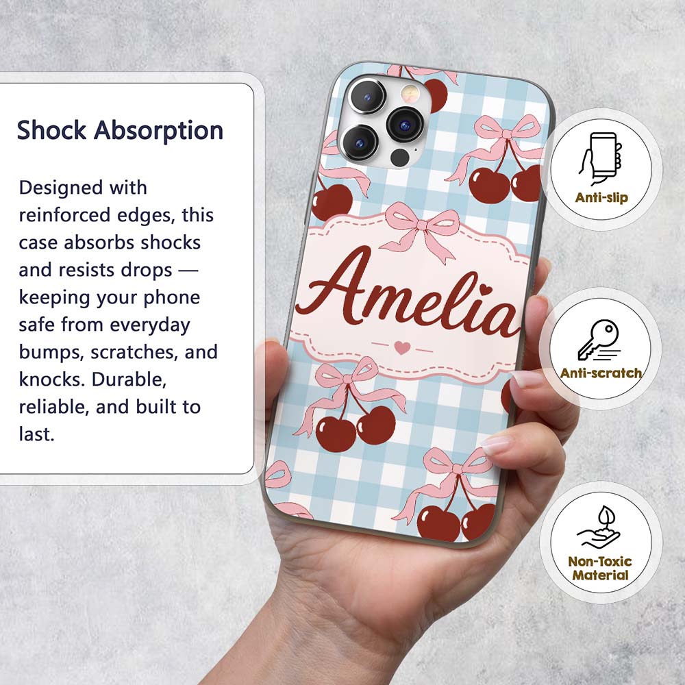 Cherry Bow Ribbon Cute Blue Gingham Picnic Check Custom Name Protective Phone Case Mobile Cover Durable Everyday Smartphone Shock Resistant