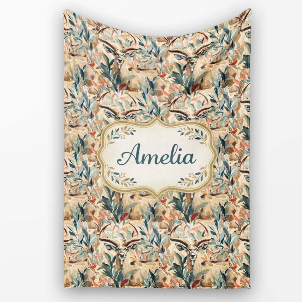 Artistic Antelope in Jungle Leaves Warm Earth Tone Seamless Pattern Personalised Custom Name Super Soft Fleece Blanket Bed Sofa Throw