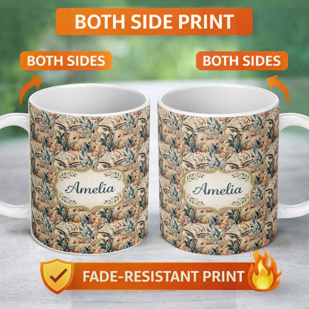 Personalized Custom Name Artistic Antelope in Jungle Leaves Warm Earth Tone Seamless Pattern 11oz Ceramic Coffee Tea Mug White Large Handle
