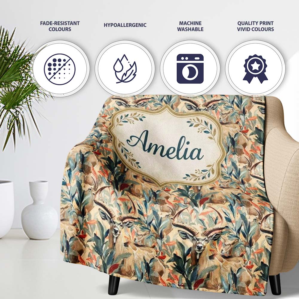 Artistic Antelope in Jungle Leaves Warm Earth Tone Seamless Pattern Personalised Custom Name Super Soft Fleece Blanket Bed Sofa Throw