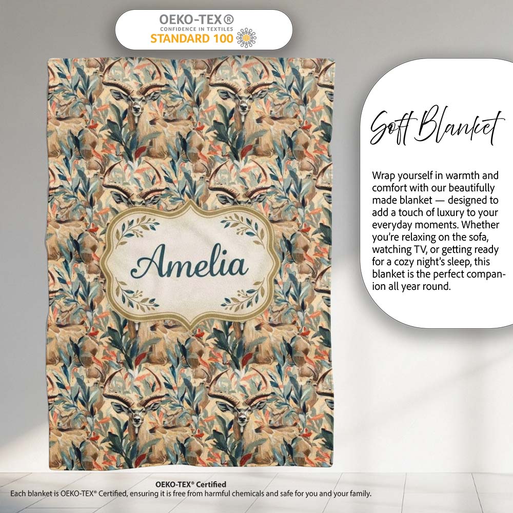 Artistic Antelope in Jungle Leaves Warm Earth Tone Seamless Pattern Personalised Custom Name Super Soft Fleece Blanket Bed Sofa Throw