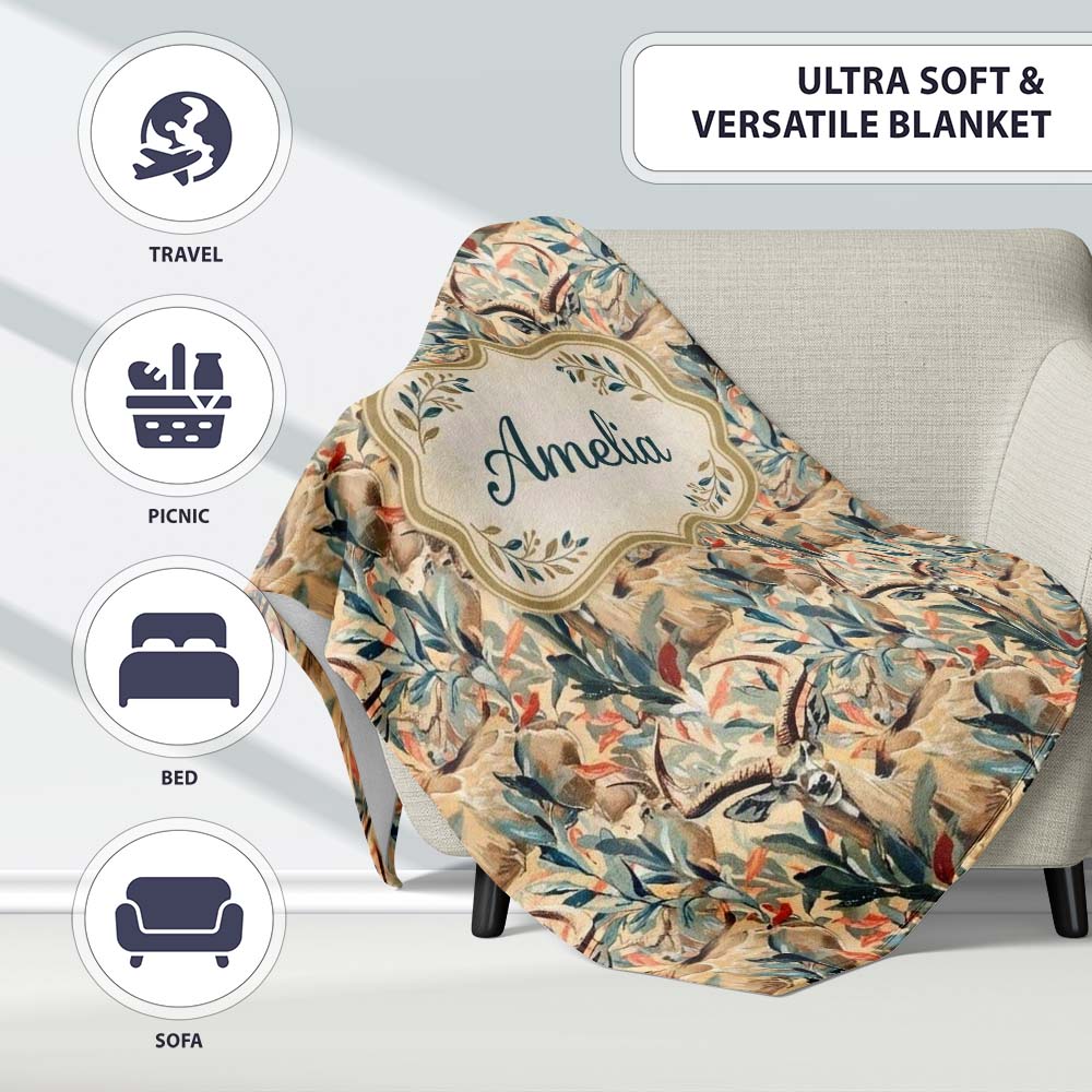 Artistic Antelope in Jungle Leaves Warm Earth Tone Seamless Pattern Personalised Custom Name Super Soft Fleece Blanket Bed Sofa Throw