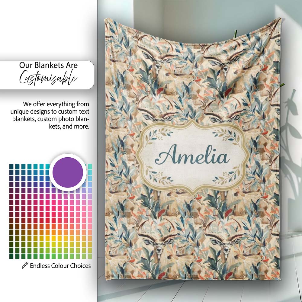 Artistic Antelope in Jungle Leaves Warm Earth Tone Seamless Pattern Personalised Custom Name Super Soft Fleece Blanket Bed Sofa Throw