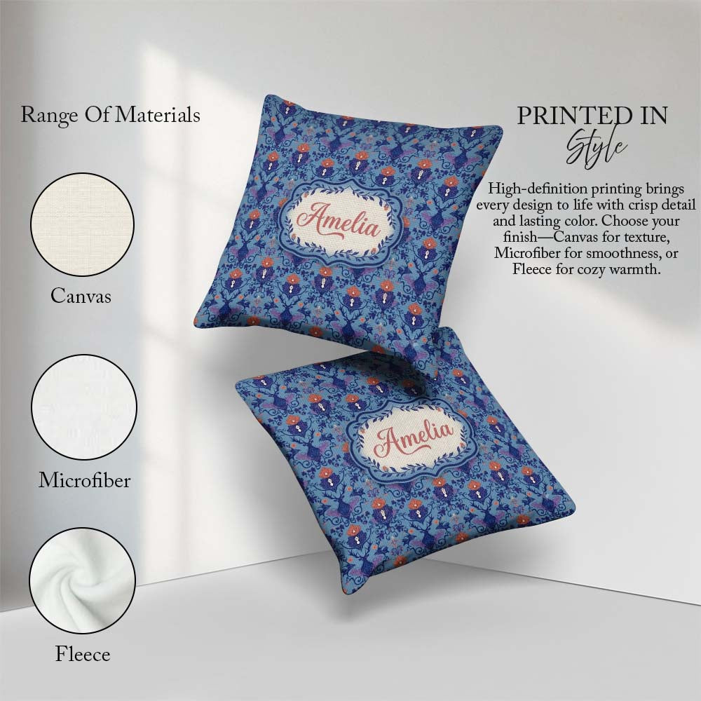 Custom Name Ornate Damask Deer with Floral Motifs Blue Seamless Square Filled Cushion Throw Pillow Sofa Bed Home Decor Zip Washable UK Made