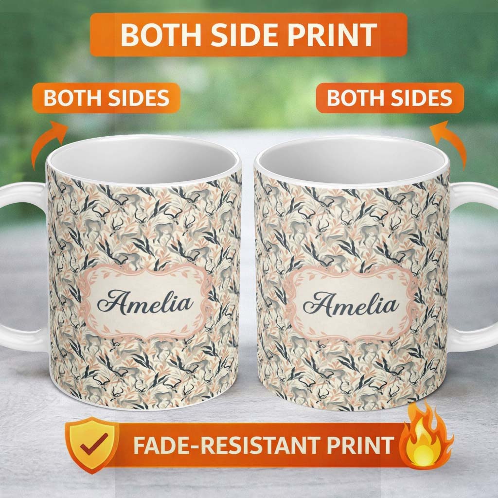 Personalized Custom Name Minimal Antelope with Soft Leaves Neutral Background Seamless 11oz Ceramic Coffee Tea Mug White Large Handle