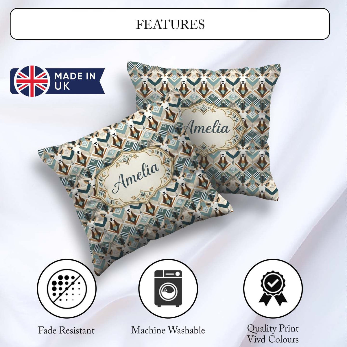 Custom Name Geometric Antelope Head Art Deco Style Seamless Name Square Filled Cushion Throw Pillow Sofa Bed Home Decor Zip Washable UK Made