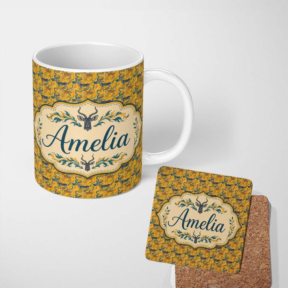 Personalized Custom Name Abstract Antelope with Flowing Waves Golden Background Seamless 11oz Ceramic Coffee Tea Mug White Large Handle