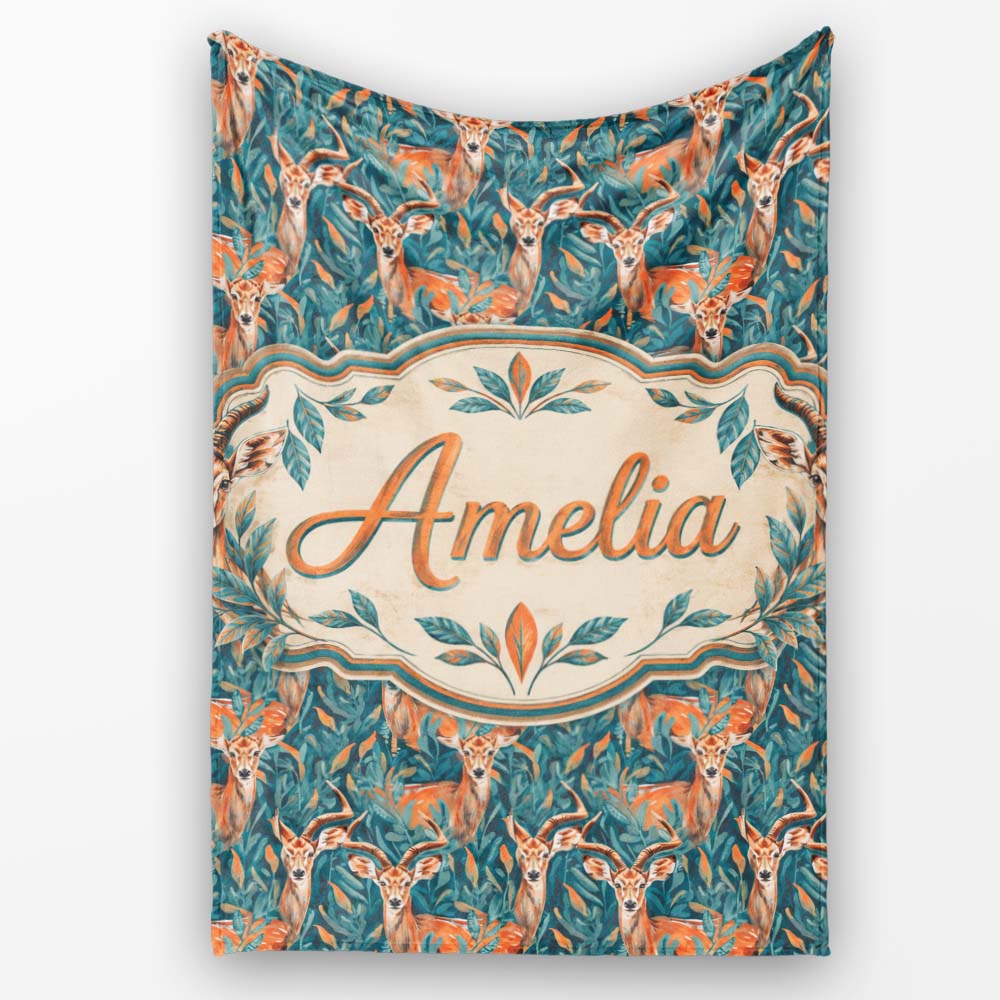 Vibrant Impala Deer in Lush Jungle Leaves Seamless Pattern Name Cute Personalised Custom Name Super Soft Fleece Blanket Bed Sofa Throw