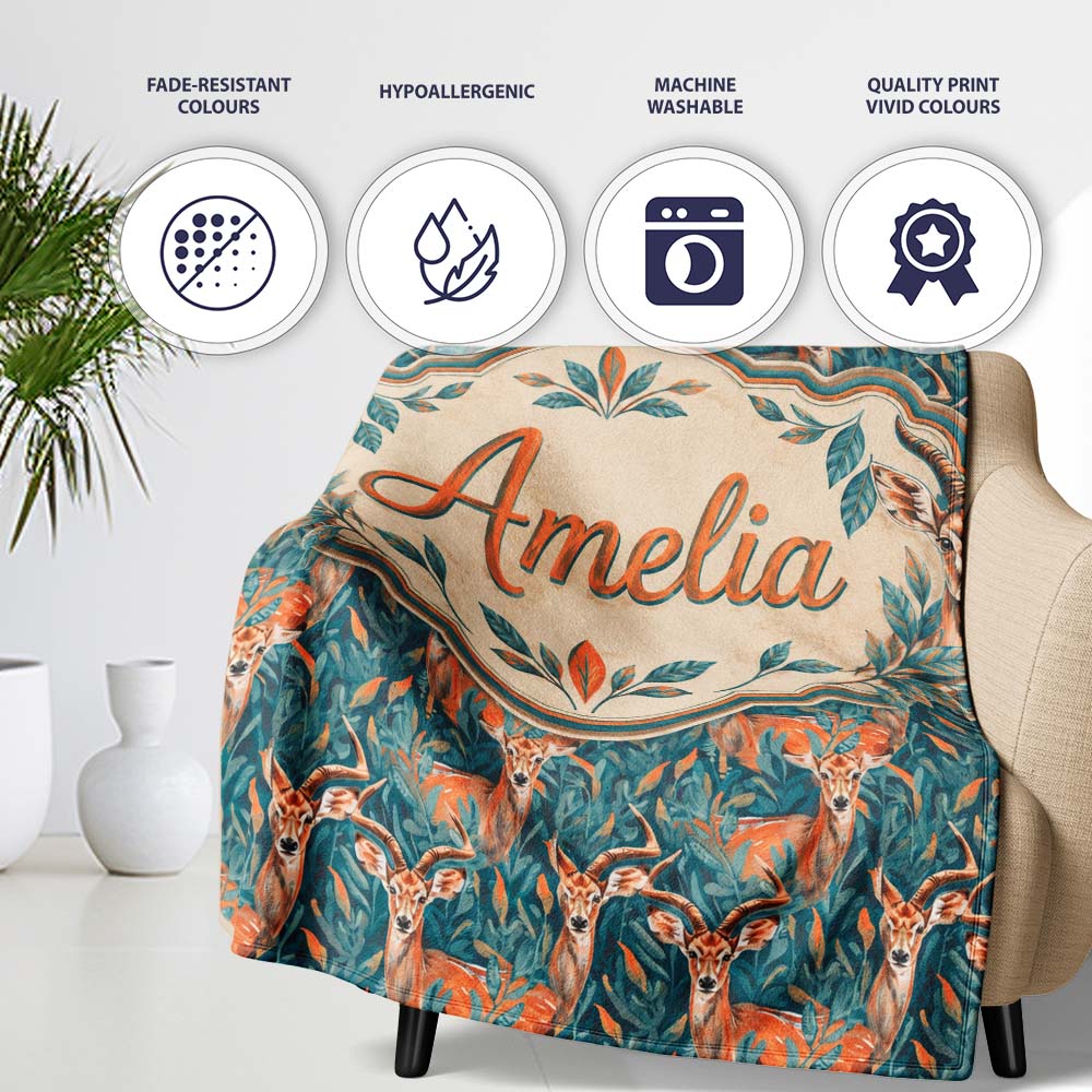 Vibrant Impala Deer in Lush Jungle Leaves Seamless Pattern Name Cute Personalised Custom Name Super Soft Fleece Blanket Bed Sofa Throw