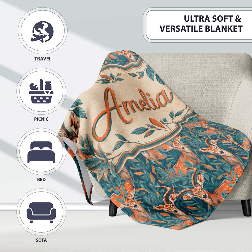 Vibrant Impala Deer in Lush Jungle Leaves Seamless Pattern Name Cute Personalised Custom Name Super Soft Fleece Blanket Bed Sofa Throw