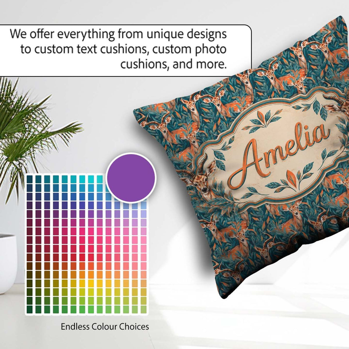 Custom Name Impala Deer in Lush Jungle Leaves Seamless Name Cute Square Filled Cushion Throw Pillow Sofa Bed Home Decor Zip Washable UK Made