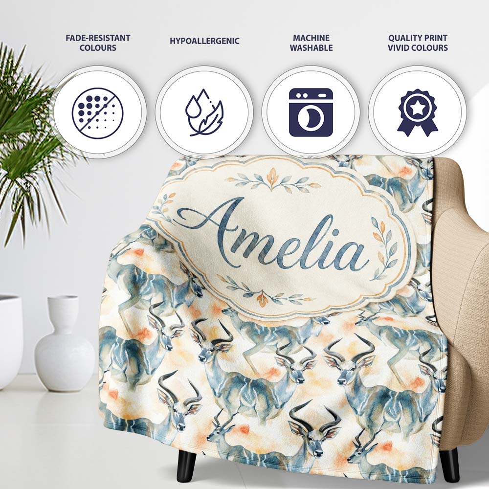 Watercolor Antelope with Soft Pastel Background Seamless Pattern Personalised Custom Name Super Soft Fleece Blanket Bed Sofa Throw