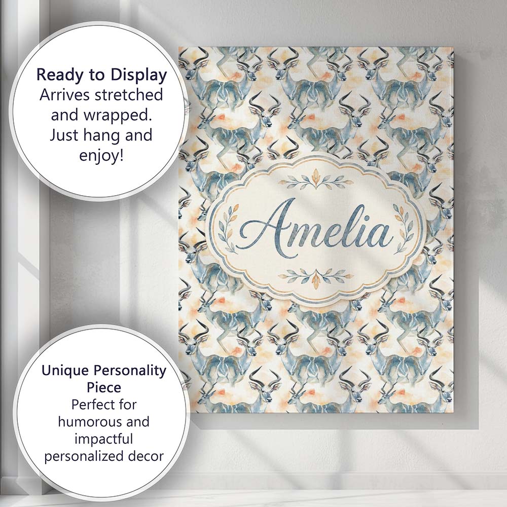 Personalised Name Watercolor Antelope with Custom Unique Gift Idea Elegant Feature Canvas Wall Art Print Decor Picture Ready to Hang