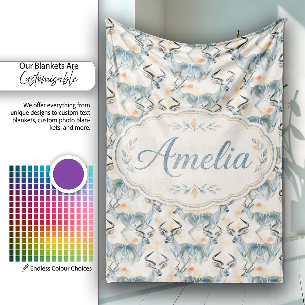 Watercolor Antelope with Soft Pastel Background Seamless Pattern Personalised Custom Name Super Soft Fleece Blanket Bed Sofa Throw